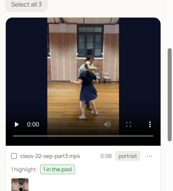 The Media screen in StudentFlow on a phone: an uploaded class clip of a couple dancing, class-22-sep-part3.mp4, with the highlight found in it shown as a thumbnail.